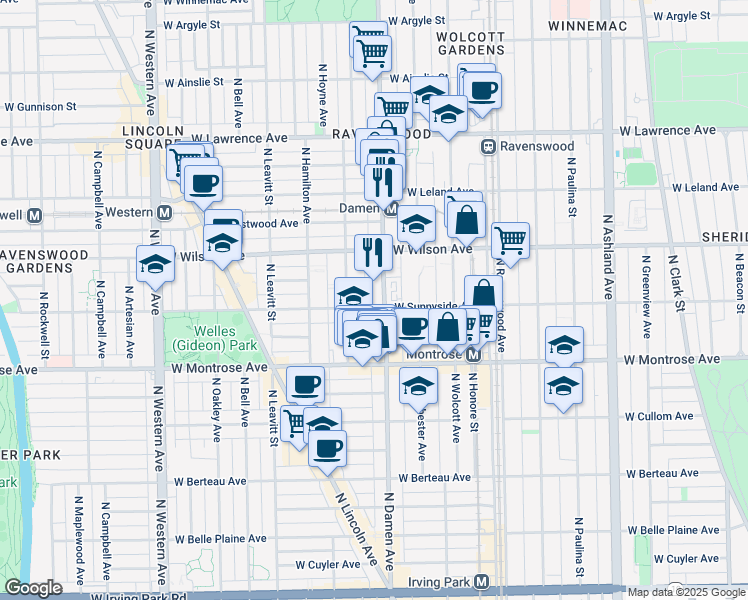 map of restaurants, bars, coffee shops, grocery stores, and more near 4526 North Damen Avenue in Chicago
