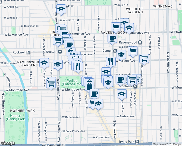 map of restaurants, bars, coffee shops, grocery stores, and more near 2147 West Windsor Avenue in Chicago