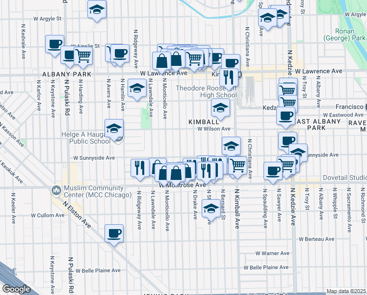 map of restaurants, bars, coffee shops, grocery stores, and more near 4536 North Central Park Avenue in Chicago