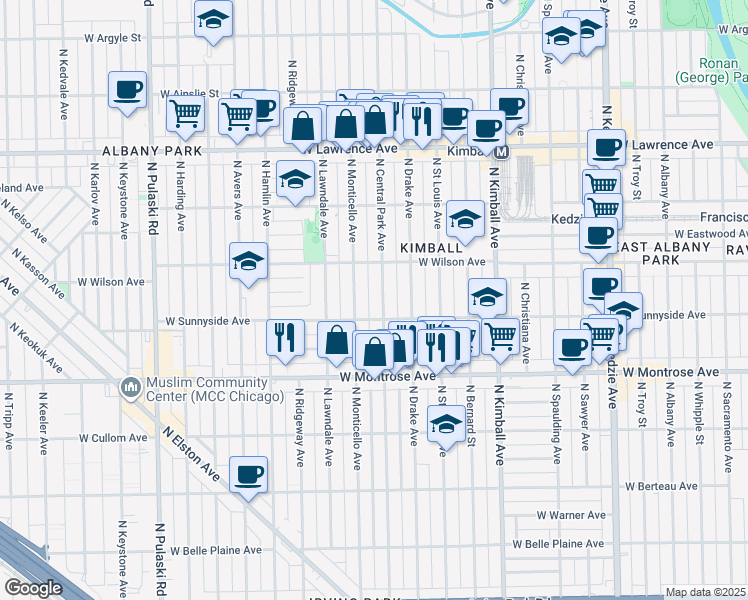map of restaurants, bars, coffee shops, grocery stores, and more near 4536 North Central Park Avenue in Chicago