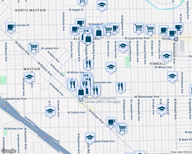 map of restaurants, bars, coffee shops, grocery stores, and more near 4538 North Springfield Avenue in Chicago