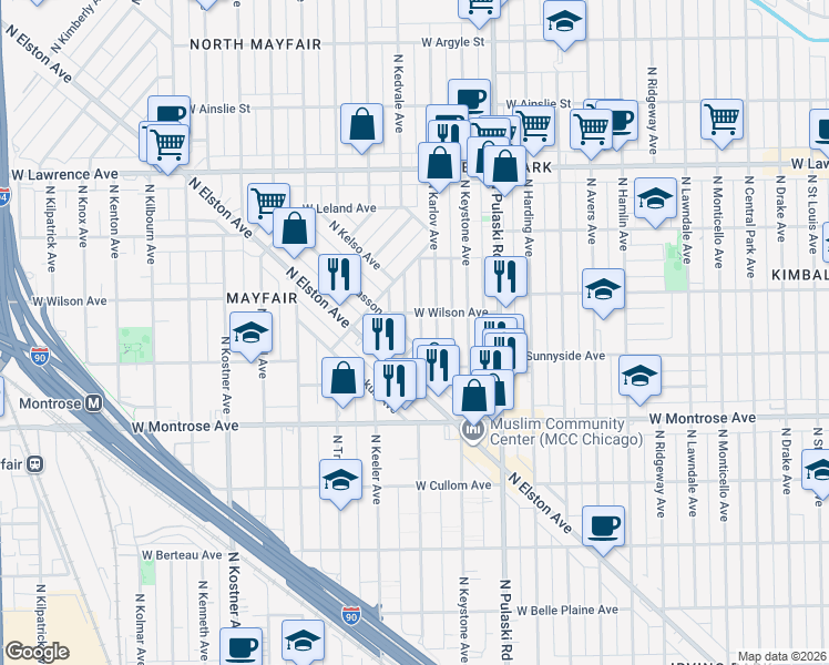 map of restaurants, bars, coffee shops, grocery stores, and more near 4550 North Karlov Avenue in Chicago