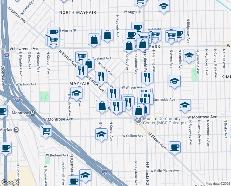 map of restaurants, bars, coffee shops, grocery stores, and more near 4548 North Kedvale Avenue in Chicago