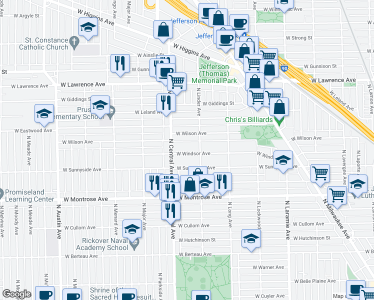 map of restaurants, bars, coffee shops, grocery stores, and more near 4549 North Central Avenue in Chicago
