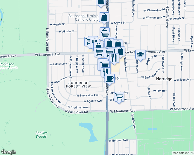 map of restaurants, bars, coffee shops, grocery stores, and more near 8456 West Wilson Avenue in Chicago