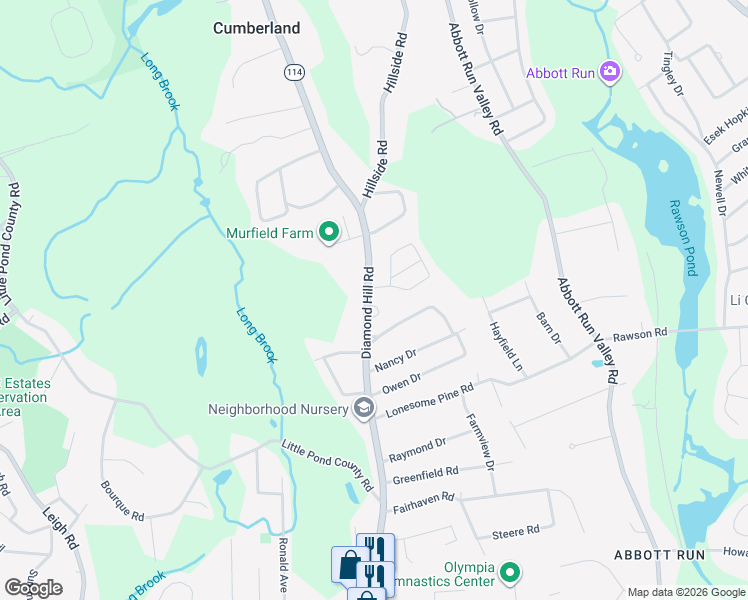 map of restaurants, bars, coffee shops, grocery stores, and more near 2717 Diamond Hill Road in Cumberland