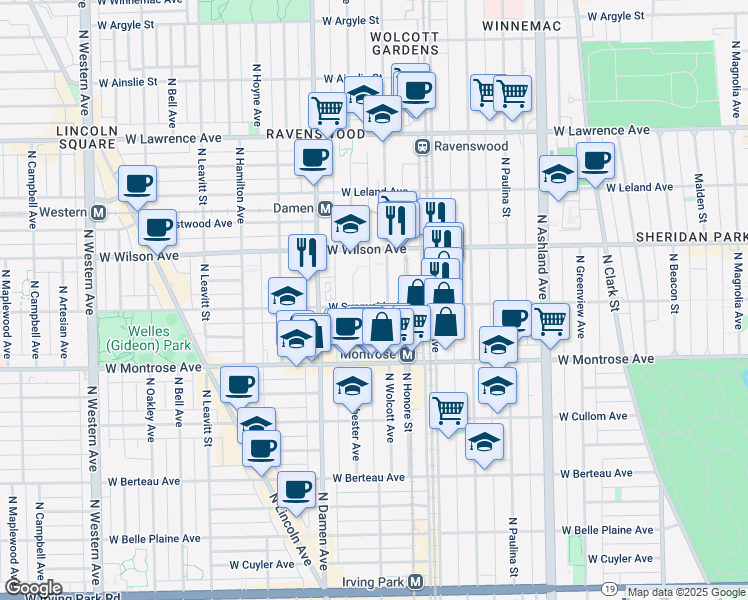 map of restaurants, bars, coffee shops, grocery stores, and more near 1910 West Sunnyside Avenue in Chicago