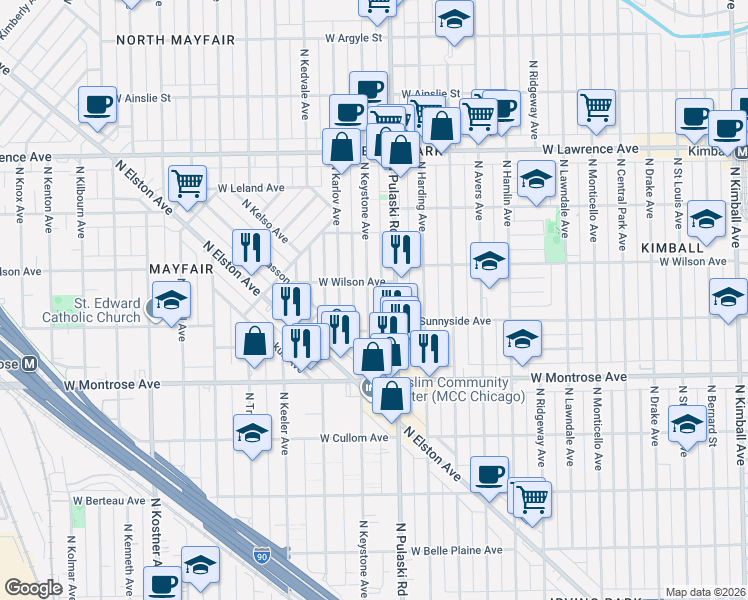 map of restaurants, bars, coffee shops, grocery stores, and more near 4533 North Keystone Avenue in Chicago