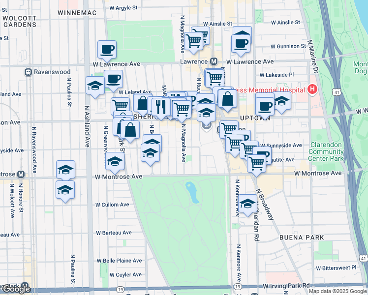 map of restaurants, bars, coffee shops, grocery stores, and more near W Sunnyside Ave & N Magnolia Ave in Chicago