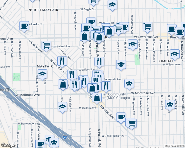 map of restaurants, bars, coffee shops, grocery stores, and more near 4533 North Keystone Avenue in Chicago