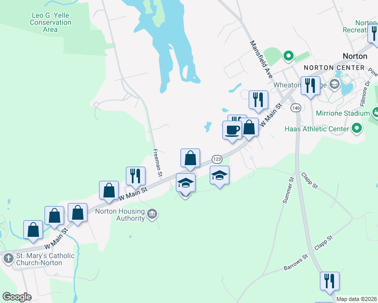 map of restaurants, bars, coffee shops, grocery stores, and more near 83 West Main Street in Taunton