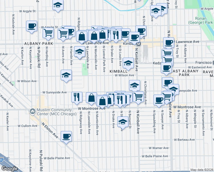 map of restaurants, bars, coffee shops, grocery stores, and more near 4536 North Central Park Avenue in Chicago