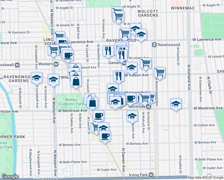 map of restaurants, bars, coffee shops, grocery stores, and more near 2034 West Sunnyside Avenue in Chicago