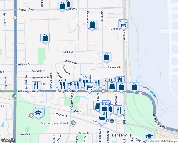 map of restaurants, bars, coffee shops, grocery stores, and more near 238 North Walnut Street in Bensenville