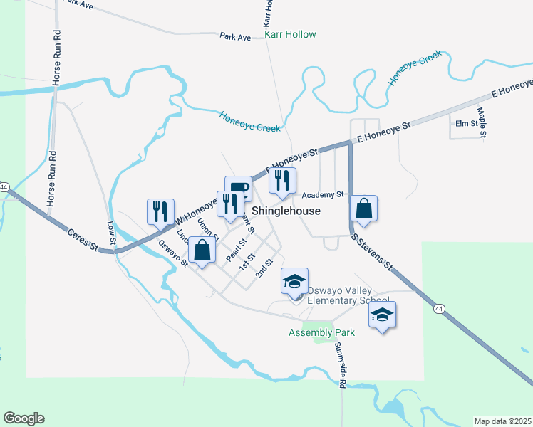 map of restaurants, bars, coffee shops, grocery stores, and more near Puritan Avenue in Shinglehouse