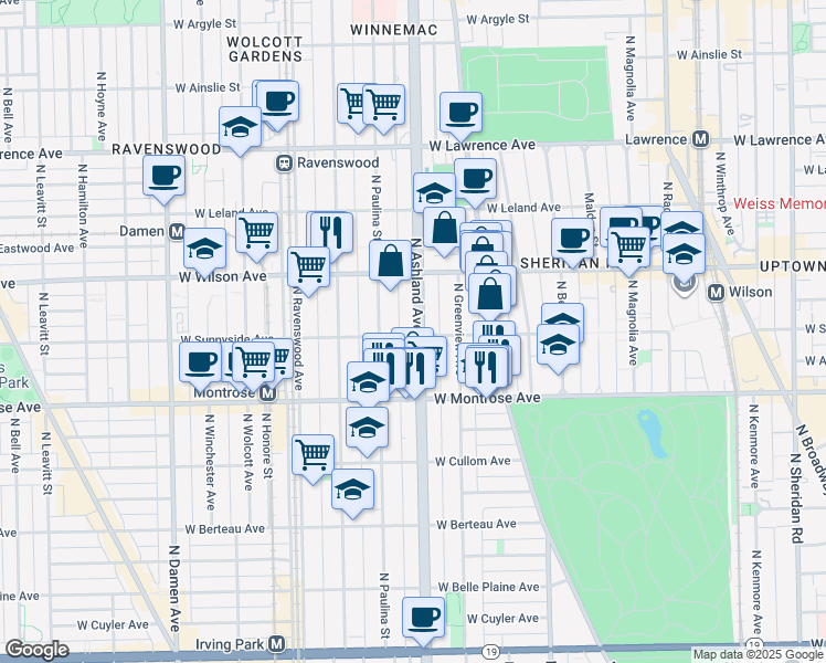 map of restaurants, bars, coffee shops, grocery stores, and more near 4517 North Ashland Avenue in Chicago