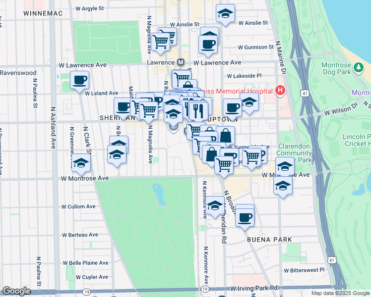 map of restaurants, bars, coffee shops, grocery stores, and more near 1145 West Wilson Avenue in Chicago