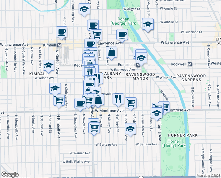 map of restaurants, bars, coffee shops, grocery stores, and more near 4515 North Albany Avenue in Chicago