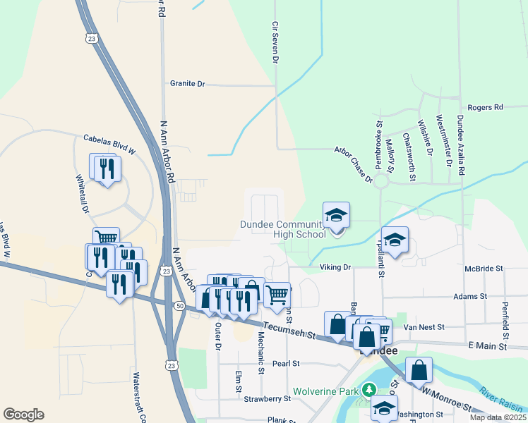 map of restaurants, bars, coffee shops, grocery stores, and more near 305 Aspen Lane in Dundee
