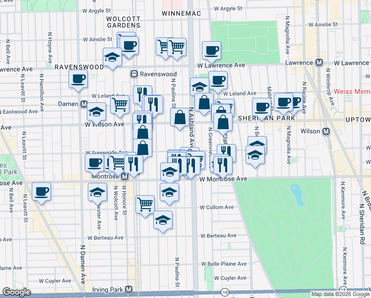 map of restaurants, bars, coffee shops, grocery stores, and more near 4517 North Paulina Street in Chicago