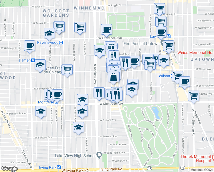map of restaurants, bars, coffee shops, grocery stores, and more near 4505b North Greenview Avenue in Chicago