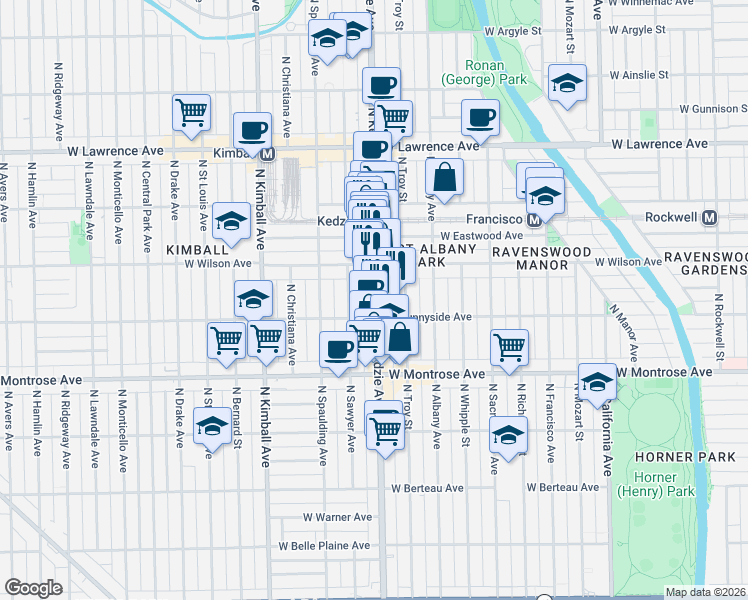 map of restaurants, bars, coffee shops, grocery stores, and more near 4518 North Kedzie Avenue in Chicago