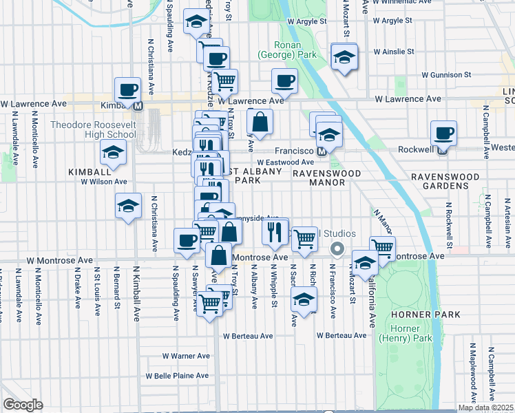 map of restaurants, bars, coffee shops, grocery stores, and more near 4515 North Albany Avenue in Chicago