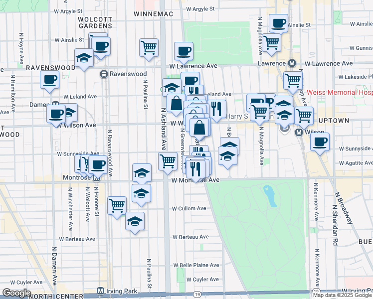 map of restaurants, bars, coffee shops, grocery stores, and more near 4505 North Greenview Avenue in Chicago