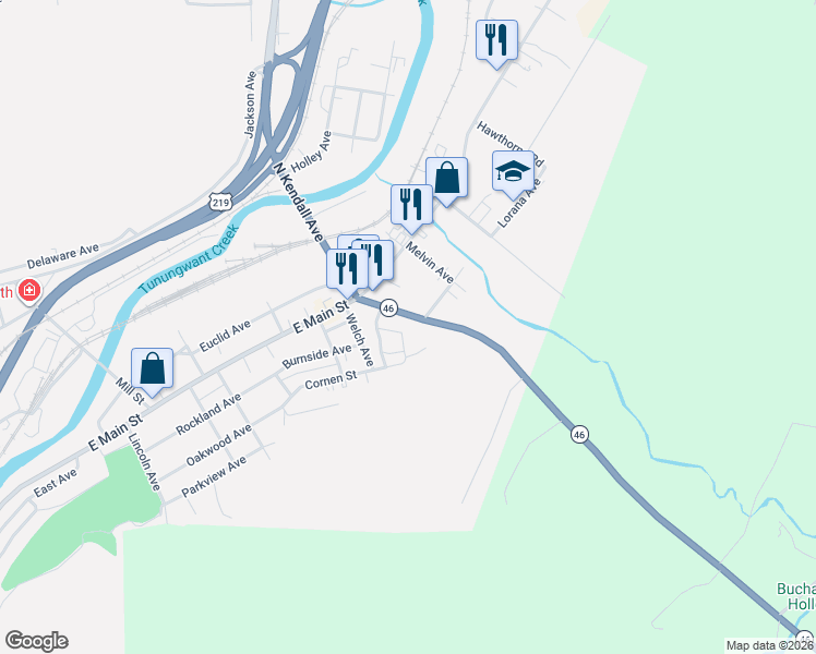 map of restaurants, bars, coffee shops, grocery stores, and more near 31-53 S Kendall Ave in Bradford