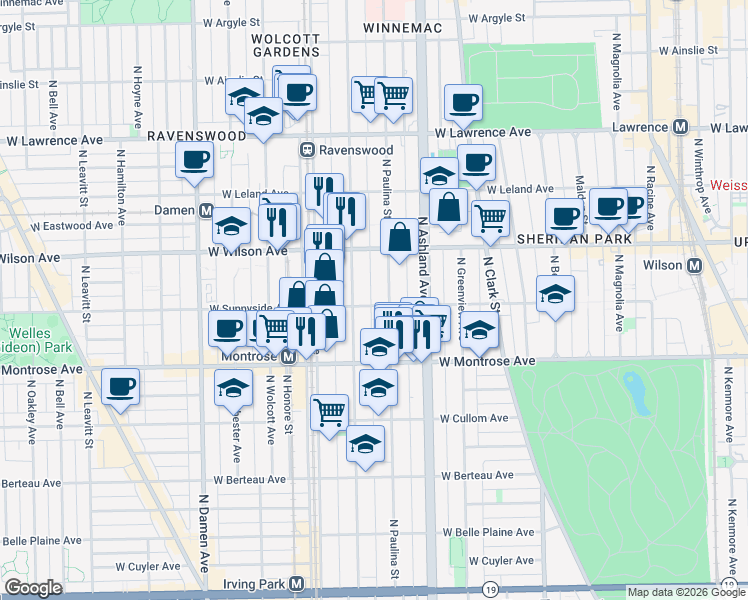 map of restaurants, bars, coffee shops, grocery stores, and more near 1712 West Sunnyside Avenue in Chicago