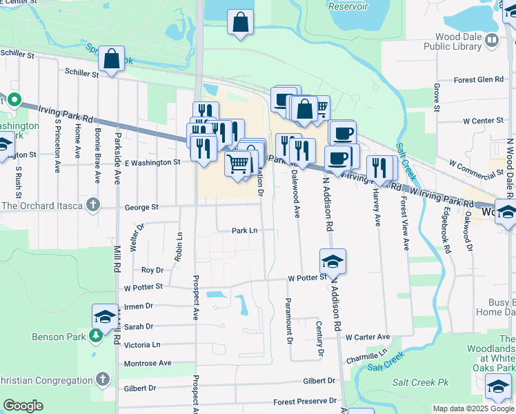 map of restaurants, bars, coffee shops, grocery stores, and more near 454 George Street in Wood Dale