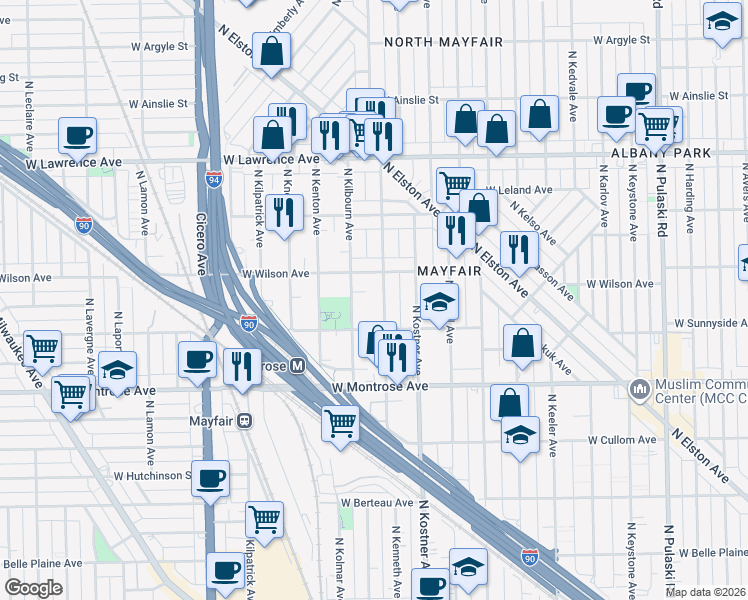 map of restaurants, bars, coffee shops, grocery stores, and more near 4547 North Kilbourn Avenue in Chicago