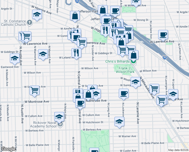 map of restaurants, bars, coffee shops, grocery stores, and more near 4550 North Linder Avenue in Chicago