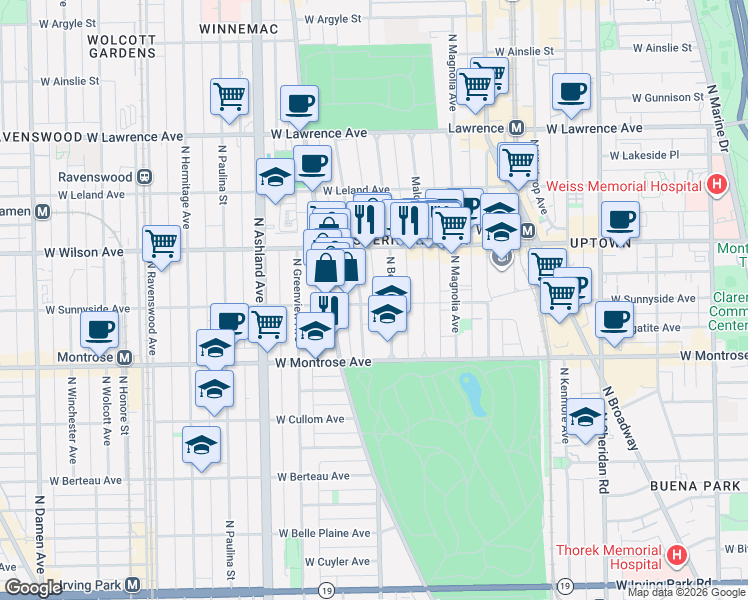 map of restaurants, bars, coffee shops, grocery stores, and more near 4517 North Dover Street in Chicago