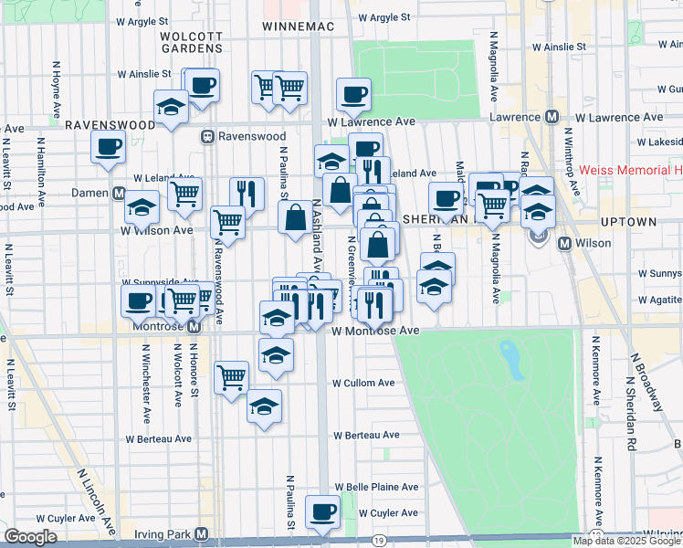 map of restaurants, bars, coffee shops, grocery stores, and more near 4517 North Ashland Avenue in Chicago