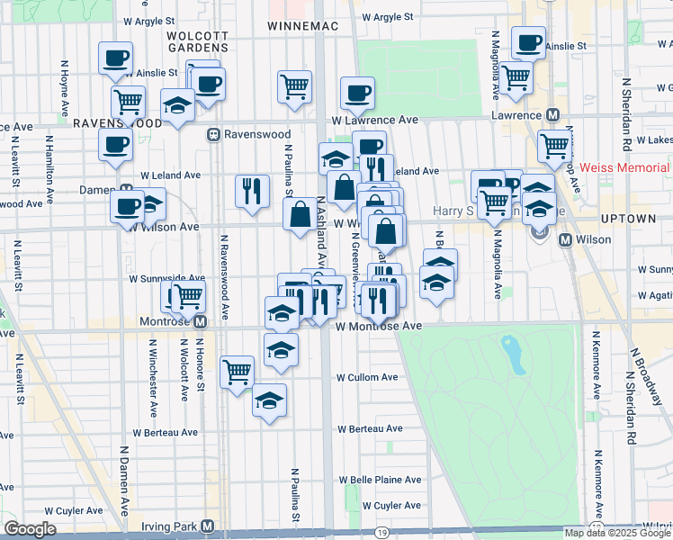 map of restaurants, bars, coffee shops, grocery stores, and more near 4517 North Ashland Avenue in Chicago