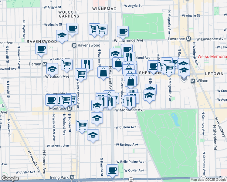 map of restaurants, bars, coffee shops, grocery stores, and more near 4517 North Ashland Avenue in Chicago