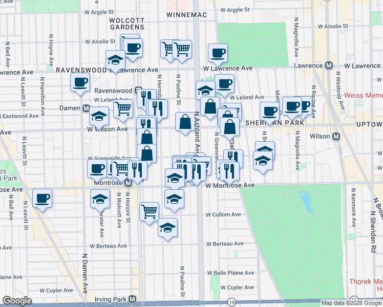 map of restaurants, bars, coffee shops, grocery stores, and more near 4517 North Paulina Street in Chicago