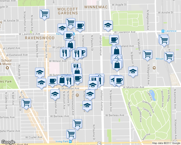 map of restaurants, bars, coffee shops, grocery stores, and more near 4517 North Hermitage Avenue in Chicago