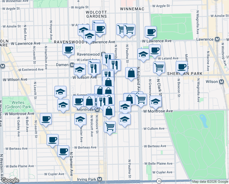 map of restaurants, bars, coffee shops, grocery stores, and more near 4515 North Ravenswood Avenue in Chicago