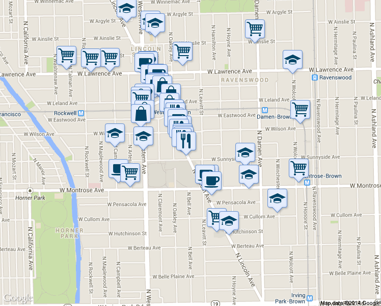 map of restaurants, bars, coffee shops, grocery stores, and more near 4528 North Lincoln Avenue in Chicago