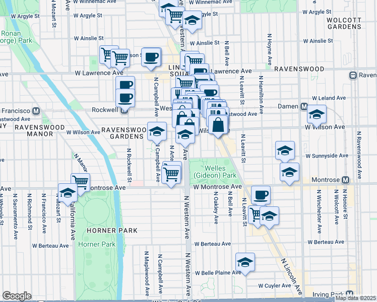 map of restaurants, bars, coffee shops, grocery stores, and more near 4529 North Western Avenue in Chicago