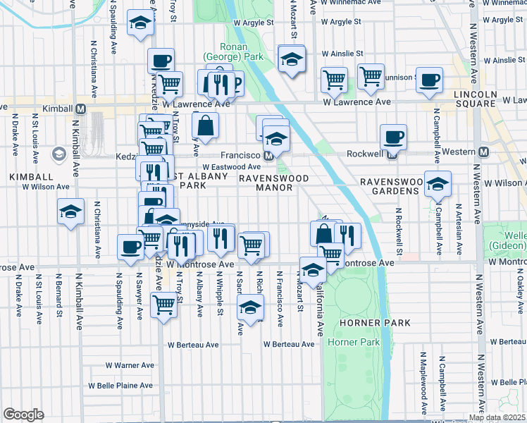 map of restaurants, bars, coffee shops, grocery stores, and more near 4533 North Richmond Street in Chicago