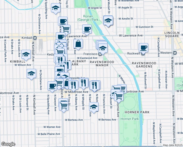 map of restaurants, bars, coffee shops, grocery stores, and more near 4530 North Sacramento Avenue in Chicago