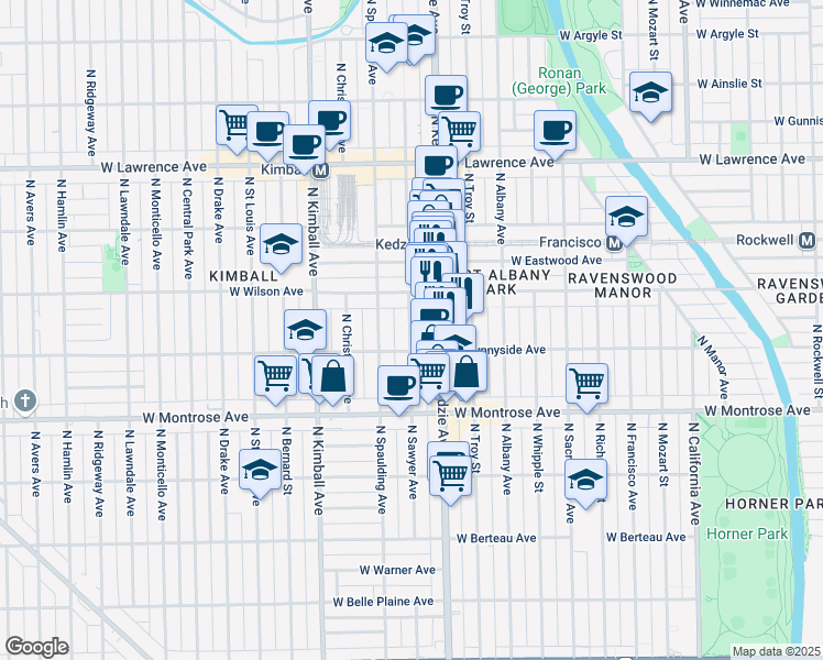 map of restaurants, bars, coffee shops, grocery stores, and more near 4533 North Sawyer Avenue in Chicago