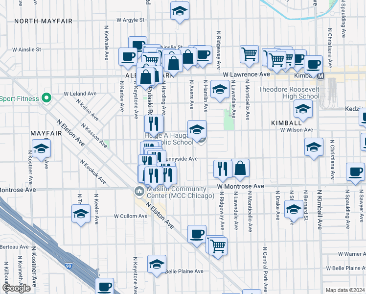 map of restaurants, bars, coffee shops, grocery stores, and more near 4538 North Avers Avenue in Chicago