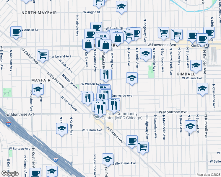 map of restaurants, bars, coffee shops, grocery stores, and more near 4553 North Pulaski Road in Chicago