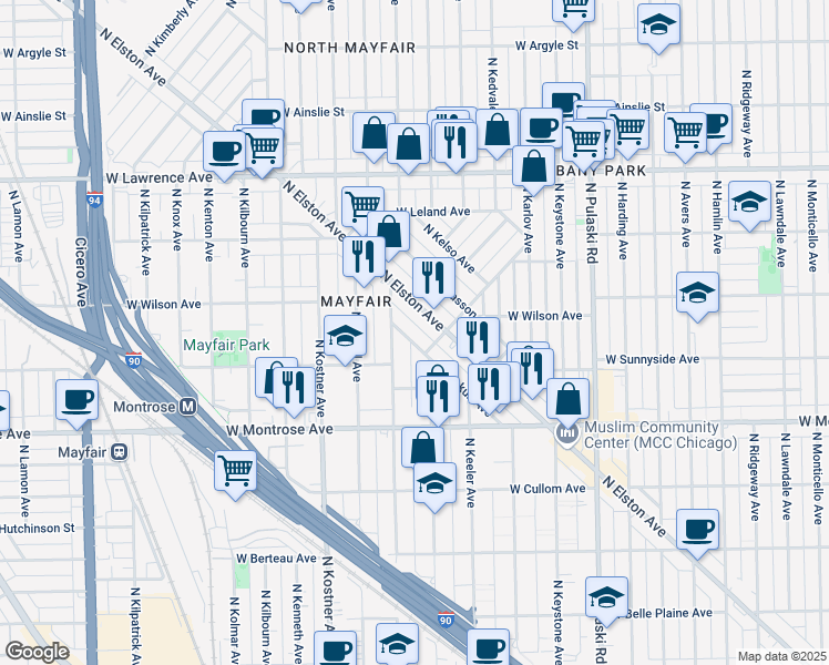 map of restaurants, bars, coffee shops, grocery stores, and more near 4580 North Elston Avenue in Chicago