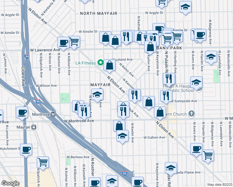 map of restaurants, bars, coffee shops, grocery stores, and more near 4580 North Elston Avenue in Chicago