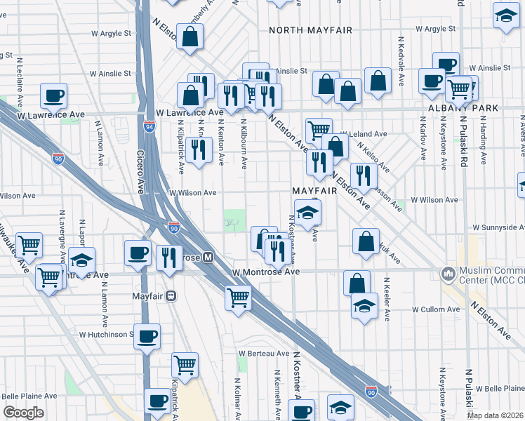 map of restaurants, bars, coffee shops, grocery stores, and more near 4547 North Kilbourn Avenue in Chicago